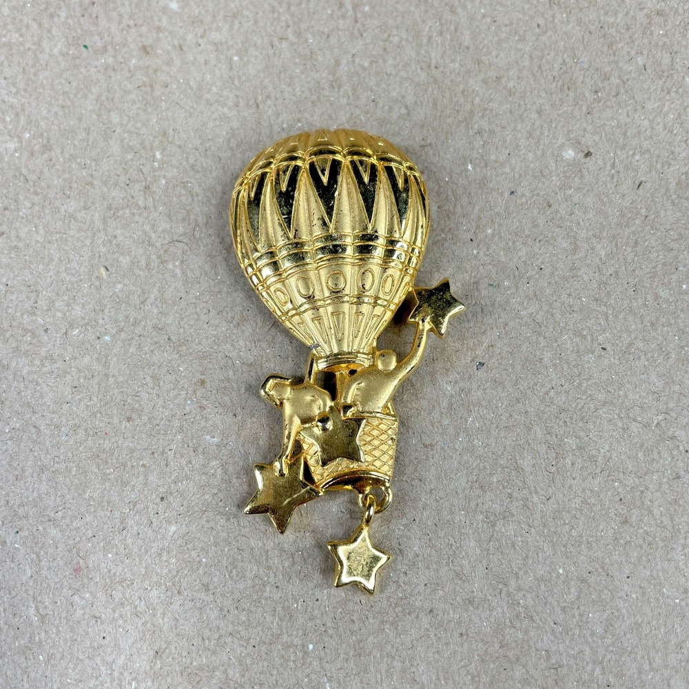 Vintage JJ Jonette Jewelry Gold Tone Hot Air Balloon Stars People Pin Brooch‎